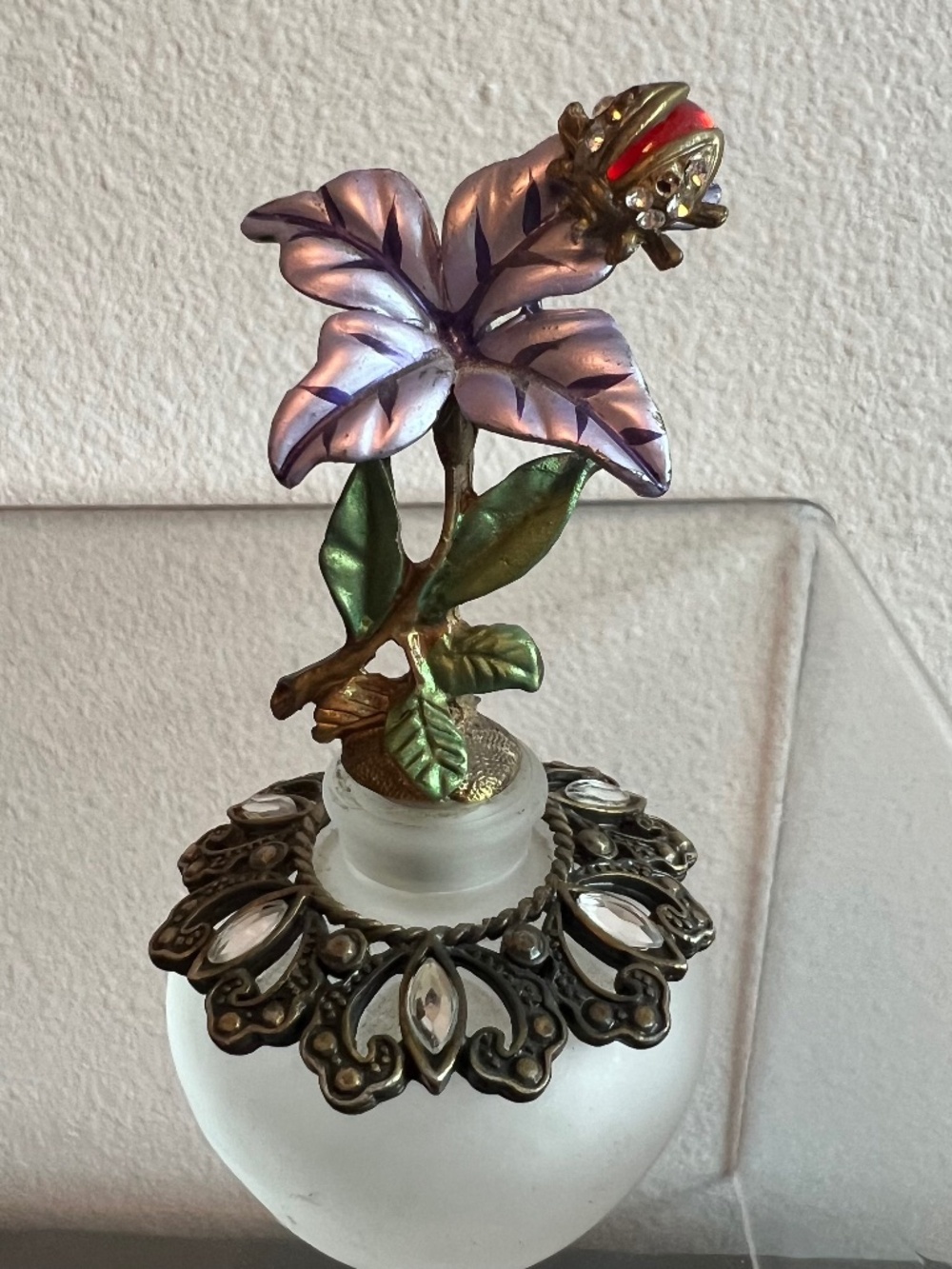 Vintage Frosted Glass Perfume Bottle Pewter Flower Jeweled Ladybug Vanity Decor